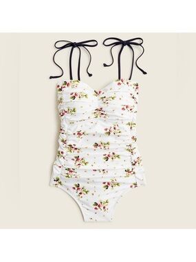 J. Crew White Strawberry Print Ruched One-Piece Swimsuit with  Ties